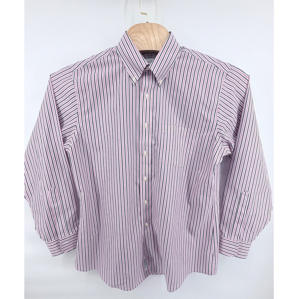 Brooks Brothers Dress Shirt Mens 16.5 35 Pink Navy Stripe Supima Cotton Non-Iron